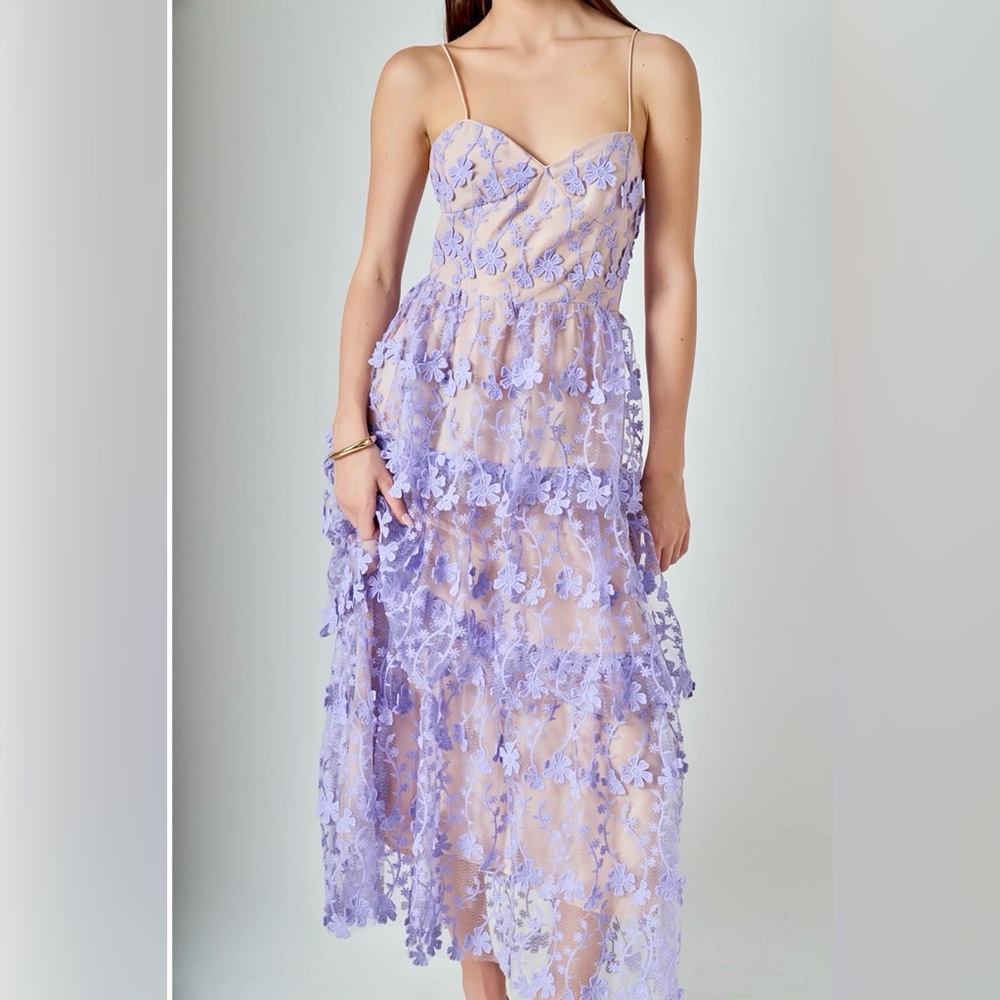 Endless Rose Lavender Floral Embroidered Tiered Lace Midi Dress - Picture 3 of 15